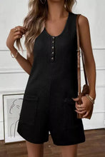 Black waffle knit sleeveless U neck buttons romper with pockets