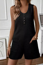 Black waffle knit sleeveless U neck buttons romper with pockets