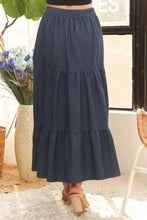 Navy Blue Waist Band Tiered Denim Maxi Skirt for Women Woman Skirts