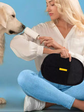 Black mesh Washable reusable glove-shaped pet hair remover with yellow stripe
