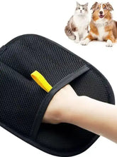 Black mesh pet grooming mitt with yellow handle for pet hair removal