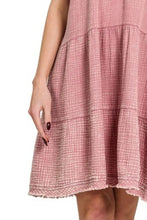 Washed Double Gauze Raw Edge Pink Tiered Dress