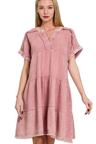 Washed Double Gauze Raw Edge Pink Tiered Dress LT ROSE