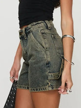 Washed high rise denim shorts with acid wash cargo style