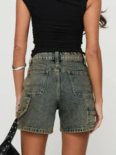 Washed high rise denim shorts with cargo side and back patch pockets