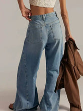 Light-wash denim washed wide leg jeans with high waist and classic back pockets shown from the back side