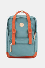 Teal Himawari waterproof canvas backpack with orange straps and tan base