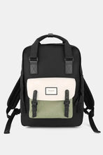 Himawari waterproof canvas backpack in black with cream and sage green pockets, adjustable shoulder straps