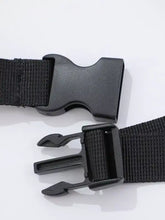 Black nylon webbing belt with matte buckle on car seat cover