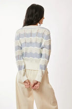 Blue and cream wave-striped pattern neckline cardigan with balloon sleeves