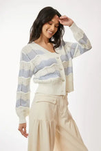 Wave-striped pattern balloon sleeves neckline cardigan in blue and cream
