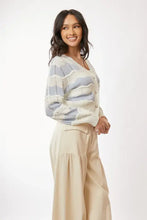 Blue and cream wave-striped pattern neckline cardigan with balloon sleeves