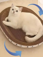 Weiße Katze entspannt sich in einem verschleißfesten Kratz-Loungebett für Katzen