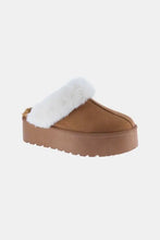 Tan suede platform Weeboo fur trim snow slippers with 2-inch heel height