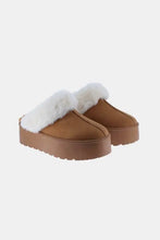 Brown suede Weeboo fur trim snow slippers with 2-inch heel height