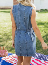 Western belt button down sleeveless denim short dress in classic blue wash with fitted waist and tie belt detailing