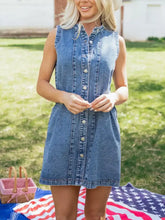 Western belt button down sleeveless denim dress with button front collar in classic blue wash denim dress