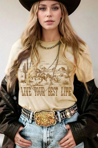 Western Graphic Tee for Women Cowgirl Style Cotton Blend Beige