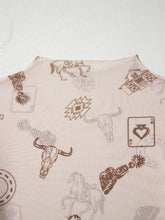 Beige slim fit mesh long sleeve mock neck top with brown western print featuring cow skulls cards and horseshoes