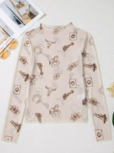 Beige slim fit mesh long sleeve mock neck top with sheer fabric and brown western print illustrations