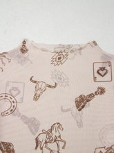 Beige slim fit mesh long sleeve top with brown western-themed graphics including bull skulls horseshoes and playing cards