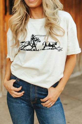 Western Rodeo Graphic Round Neck T Shirt for Women White