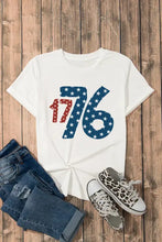 White 1776 graphic t-shirt for women in basic style with patriotic stars and stripes