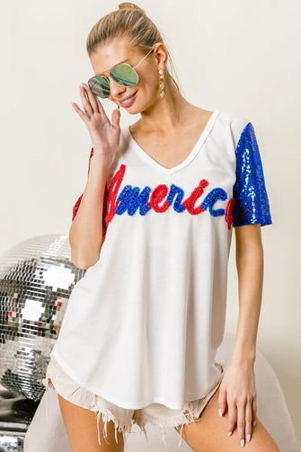White America T Shirt with Sequin Sleeves and Metallic Letter Design OFF WHITE
