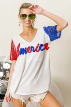White America T Shirt with Sequin Sleeves and Metallic Letter Design Woman T Shirts