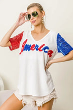 White America T Shirt with Sequin Sleeves and Metallic Letter Design Woman T Shirts