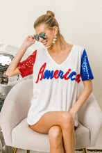 White America T Shirt with Sequin Sleeves and Metallic Letter Design Woman T Shirts