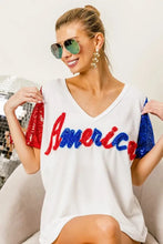 White America T Shirt with Sequin Sleeves and Metallic Letter Design Woman T Shirts