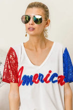 White America T Shirt with Sequin Sleeves and Metallic Letter Design Woman T Shirts