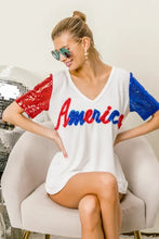 White America T Shirt with Sequin Sleeves and Metallic Letter Design Woman T Shirts