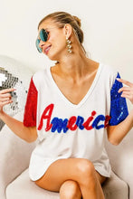 White America T Shirt with Sequin Sleeves and Metallic Letter Design Woman T Shirts