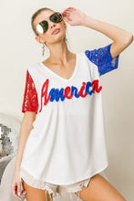 White America T Shirt with Sequin Sleeves and Metallic Letter Design Woman T Shirts