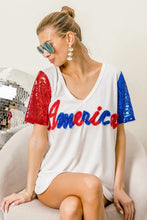 White America T Shirt with Sequin Sleeves and Metallic Letter Design