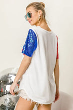 White America T Shirt with Sequin Sleeves and Metallic Letter Design Woman T Shirts
