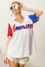 White America T Shirt with Sequin Sleeves and Metallic Letter Design