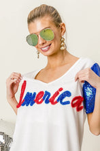 White America T Shirt with Sequin Sleeves and Metallic Letter Design