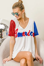 White America T Shirt with Sequin Sleeves and Metallic Letter Design