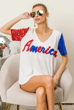 White America T Shirt with Sequin Sleeves and Metallic Letter Design Woman T Shirts