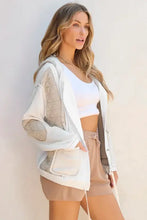 White and beige hooded bomber jacket with mesh panels and pockets