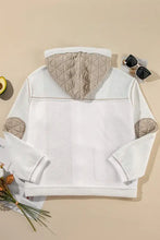 White quilted hoodie with beige accents, hood, mesh details