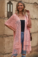 Pink lace kimono cardigan in white, black bohemian crochet with fringe hem