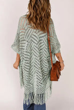 Sage green bohemian crochet kimono cardigan with fringe hem