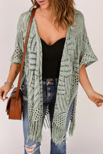 Sage green fringed kimono sweater with bohemian crochet texture and open front
