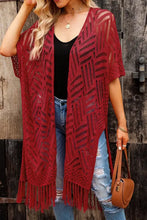 Burgundy lace kimono cardigan with black bohemian fringe hem