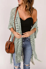 Sage green bohemian crochet kimono cardigan with fringe hem
