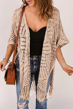 Beige bohemian crochet kimono cardigan with fringe hem and open front
